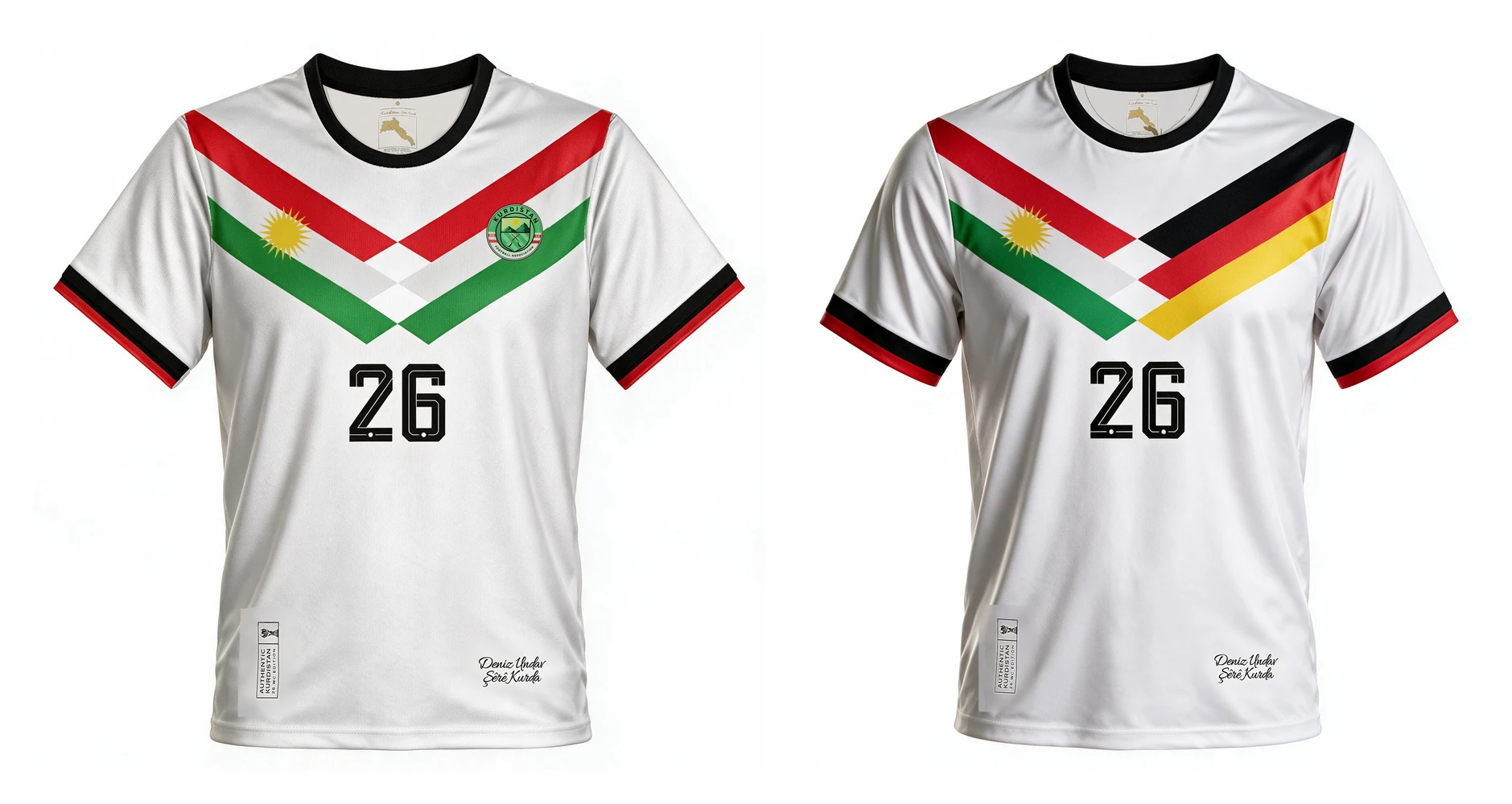 Visualisation of the two Deniz Undav shirts side by side: Kit 1 Kurdistan Edition with the red, white and green chevron, Kit 2 Germany Kurdistan Edition with black, red and gold on the right