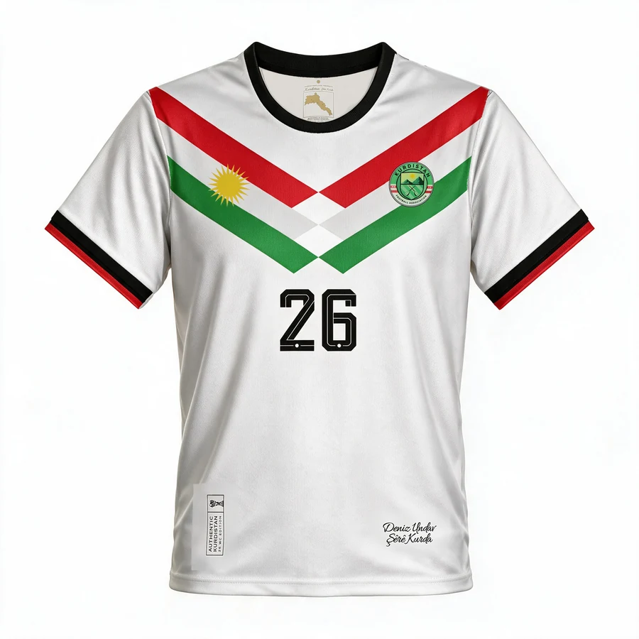 Print design of the Deniz Undav Kurdistan Edition: white shirt with a red, white and green chevron, the sun of Kurdistan and the number 26