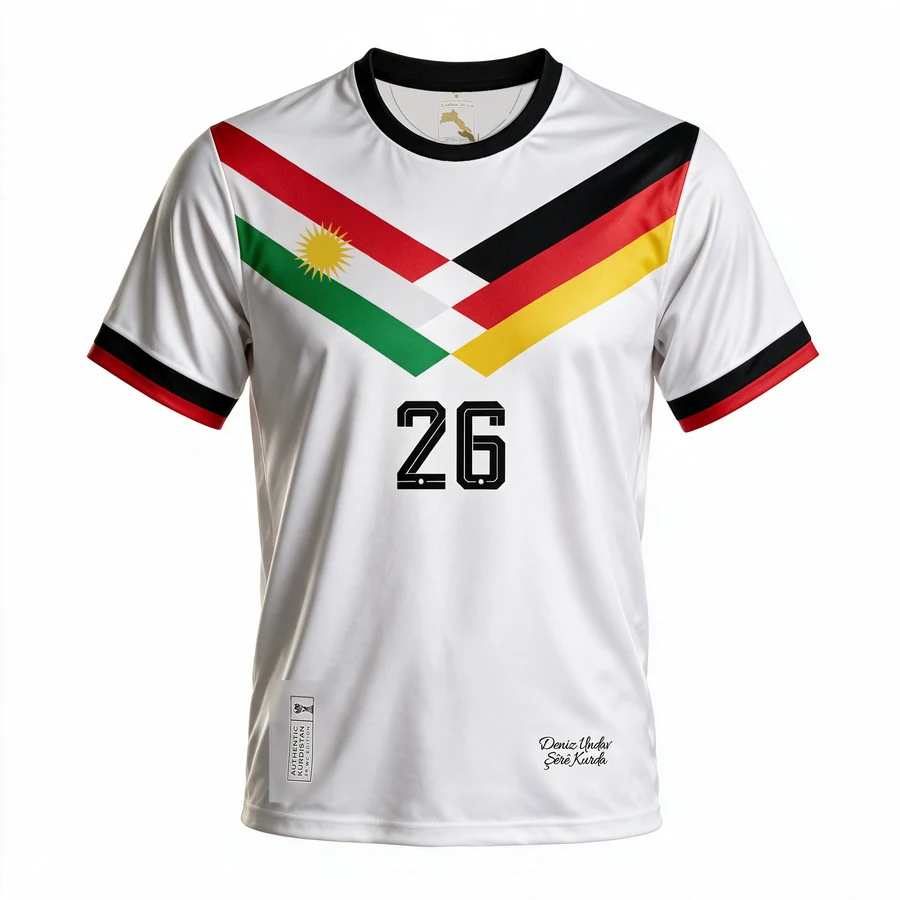 Visualisation of the Deniz Undav Germany Kurdistan Edition, Kit 2, front: white shirt with red, white and green on the left and black, red and gold on the right