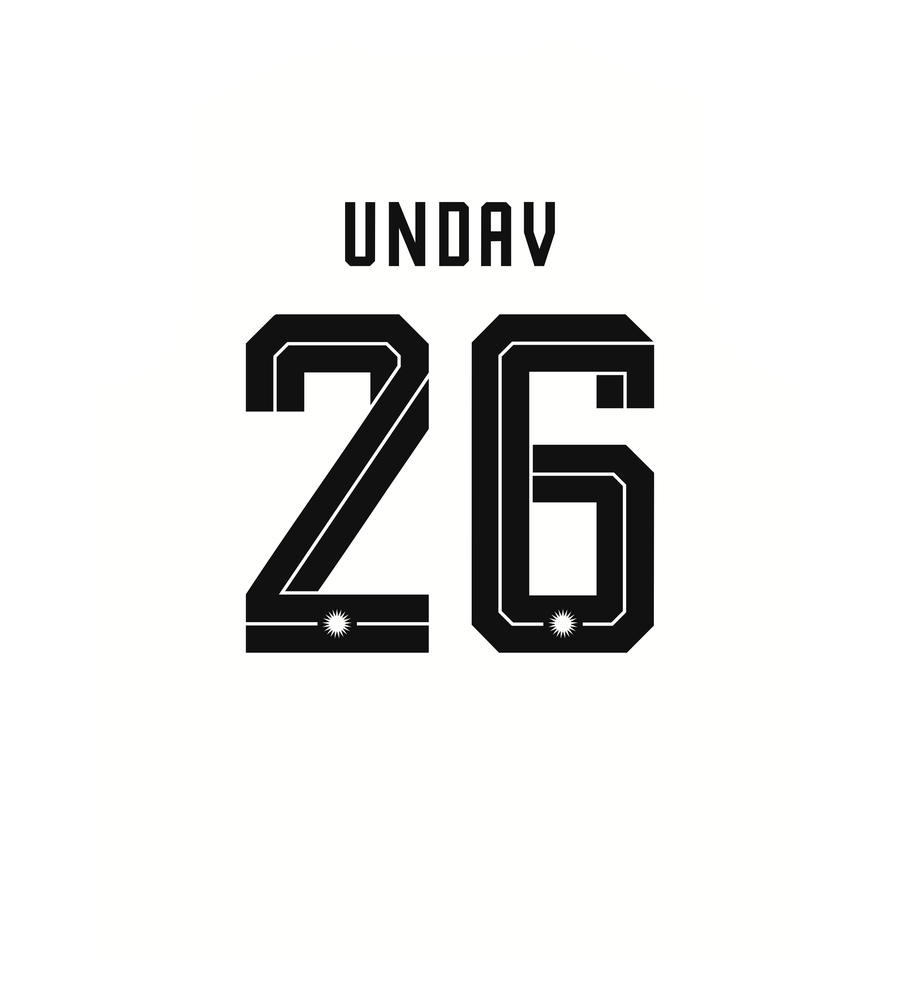 Print design of the back of the Deniz Undav shirts: UNDAV 26 in black on white